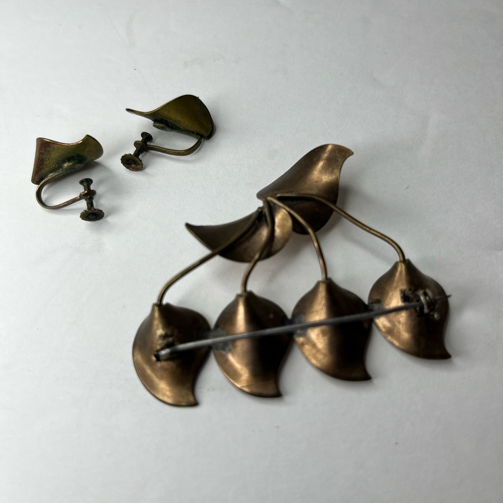 Vintage Gold Plated Parure Leaf Jewelry Pin & Back Earrings Amber‎ Brooch - Picture 5 of 8